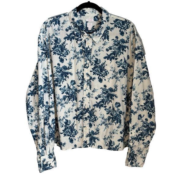 GAP x LoveShackFancy Top XL Button Down Cropped Boxy Floral Romantic Blue White - Picture 3 of 16